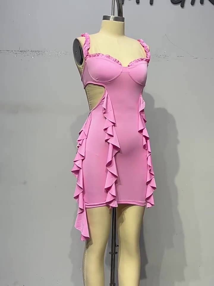 A ruffled backless halter dress that covers hips