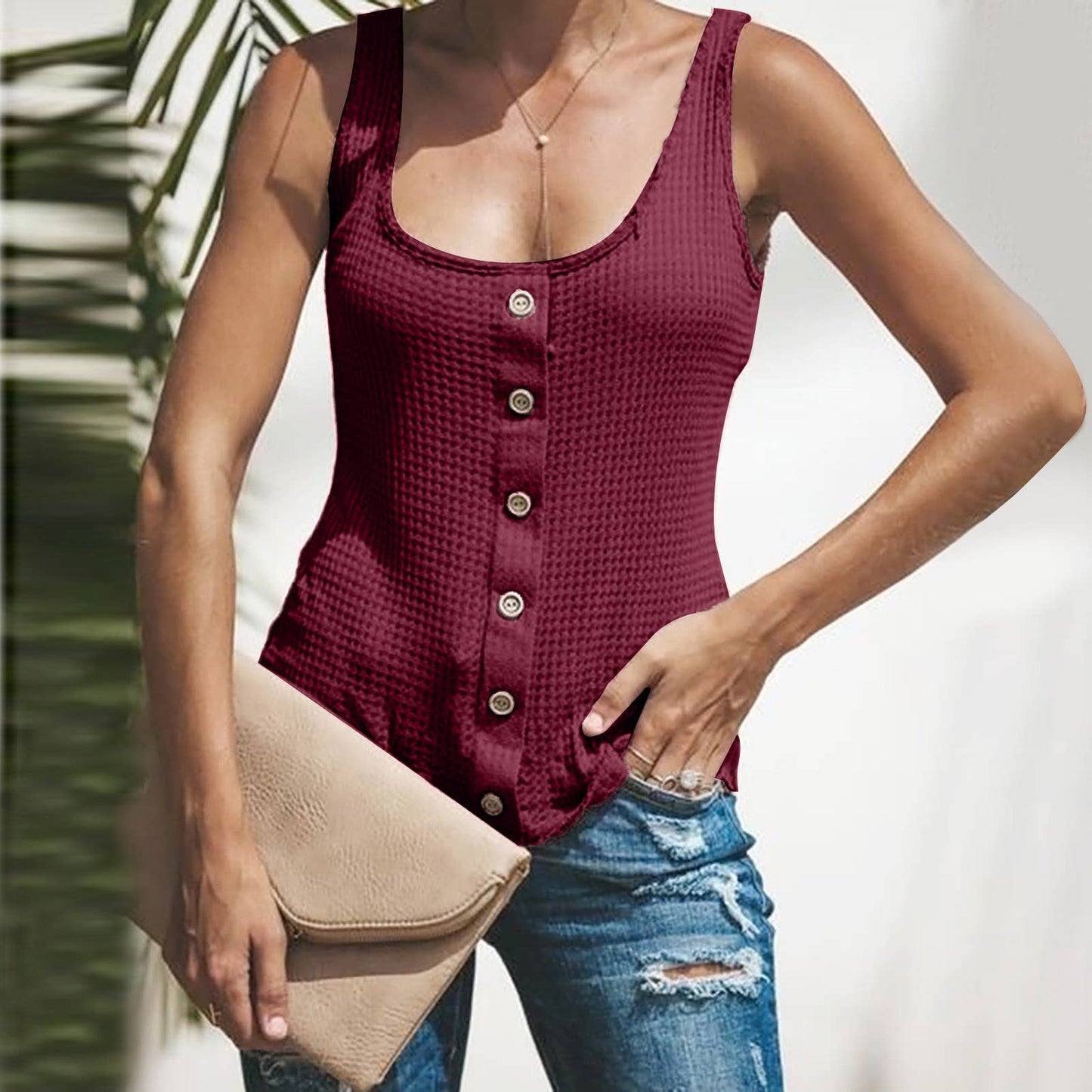 U NECK SOLID COLOR SLEEVELESS BREASTED VEST