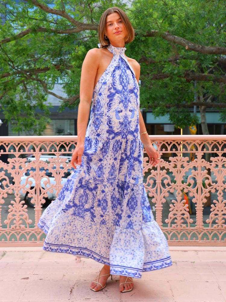 Temperament print halter halter lace peplum dress