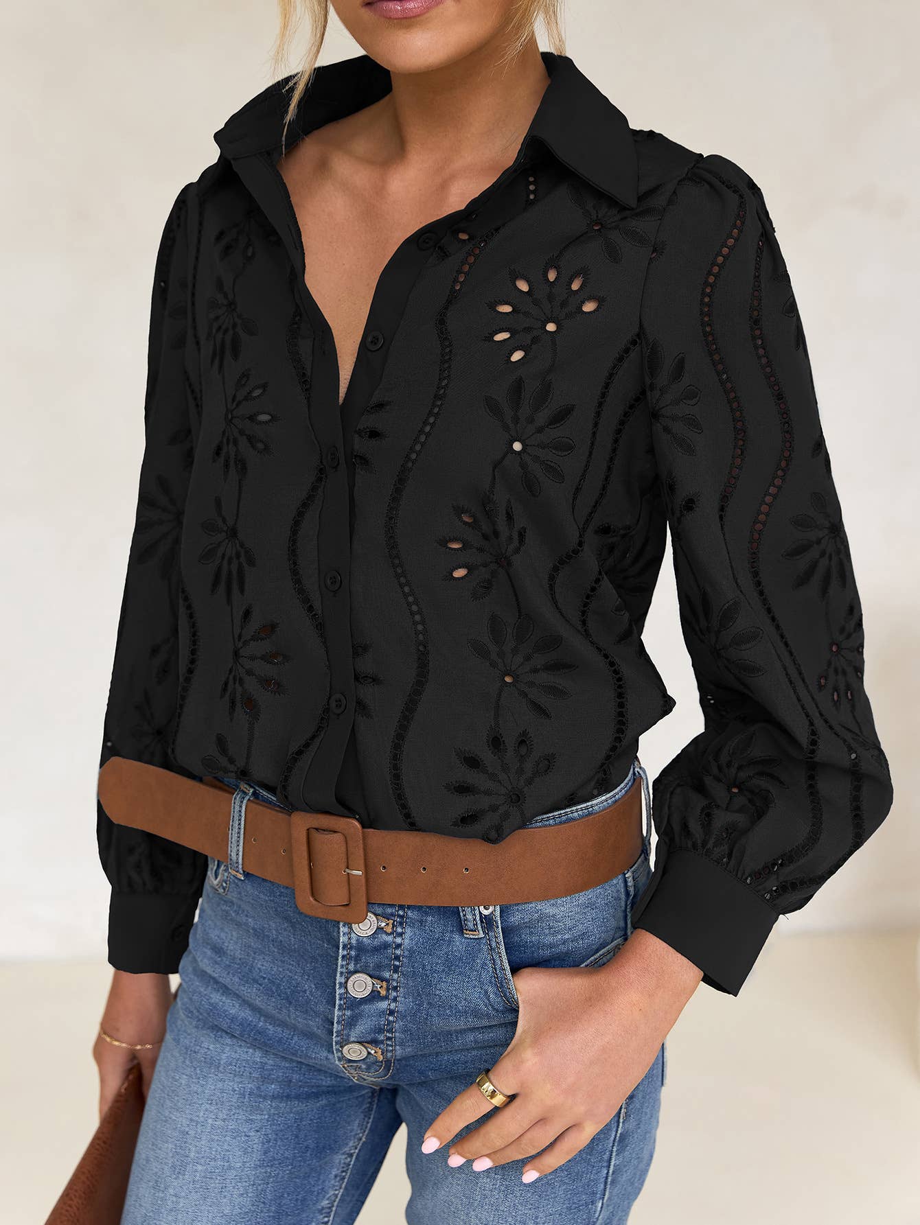 EMBROIDERED LOOPED LONG-SLEEVED LAPEL SHIRT