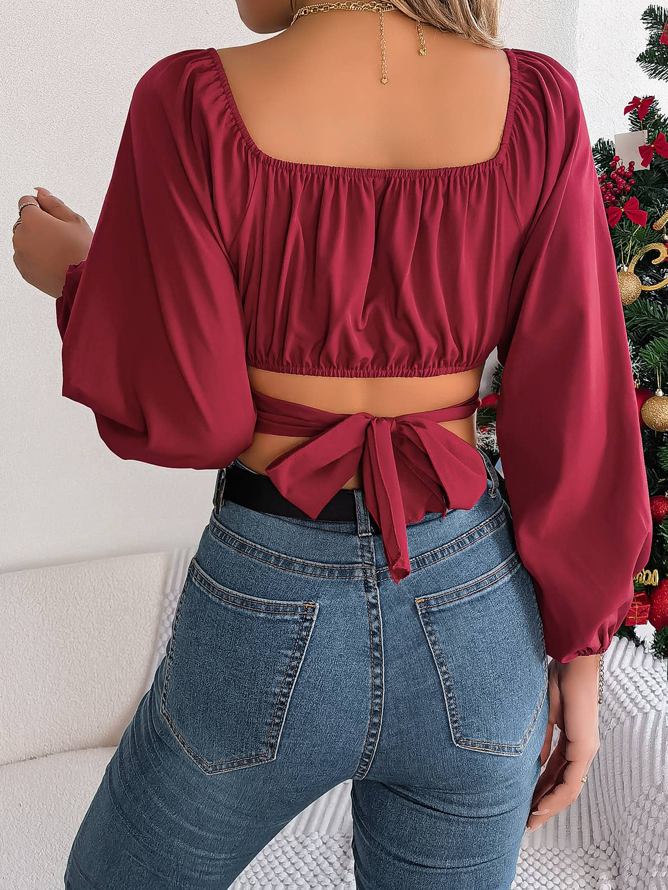 LANTERN SLEEVE LACE-UP WAIST CHIFFON CROP TOP