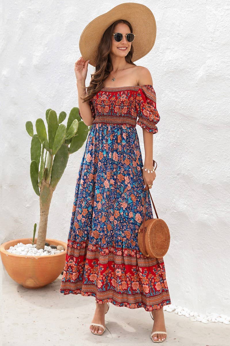 CWDMD2149_PRINTED ONE SHOULDER PUFF SLEEVE MIDI DRESS