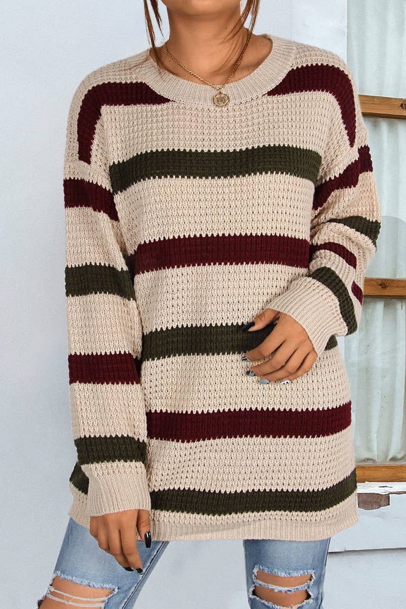 Pullover Mid-Length Striped Color Matching Sweater