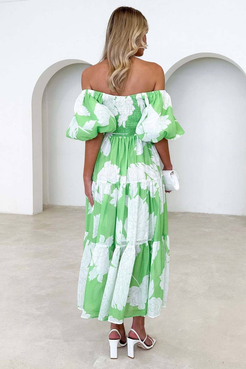 One line shoulder puffed up sleeve waist big swing longdress