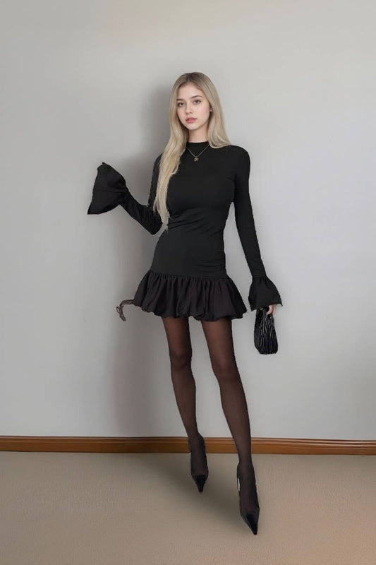 CWDSD995_SLIM FIT PANELED BELL SLEEVE MINI DRESS