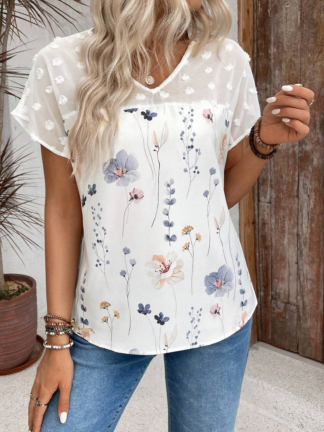 V-NECK PRINTED LACE PATCHWORK SHORT-SLEEVED TOP