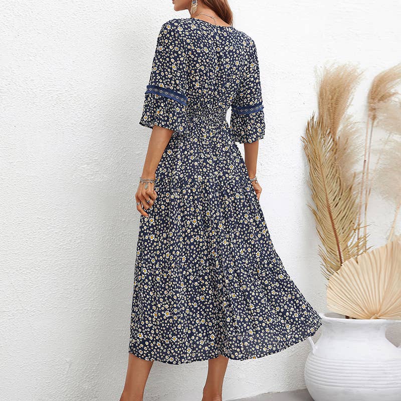 Stylish elegant socialite floral mid-length dress