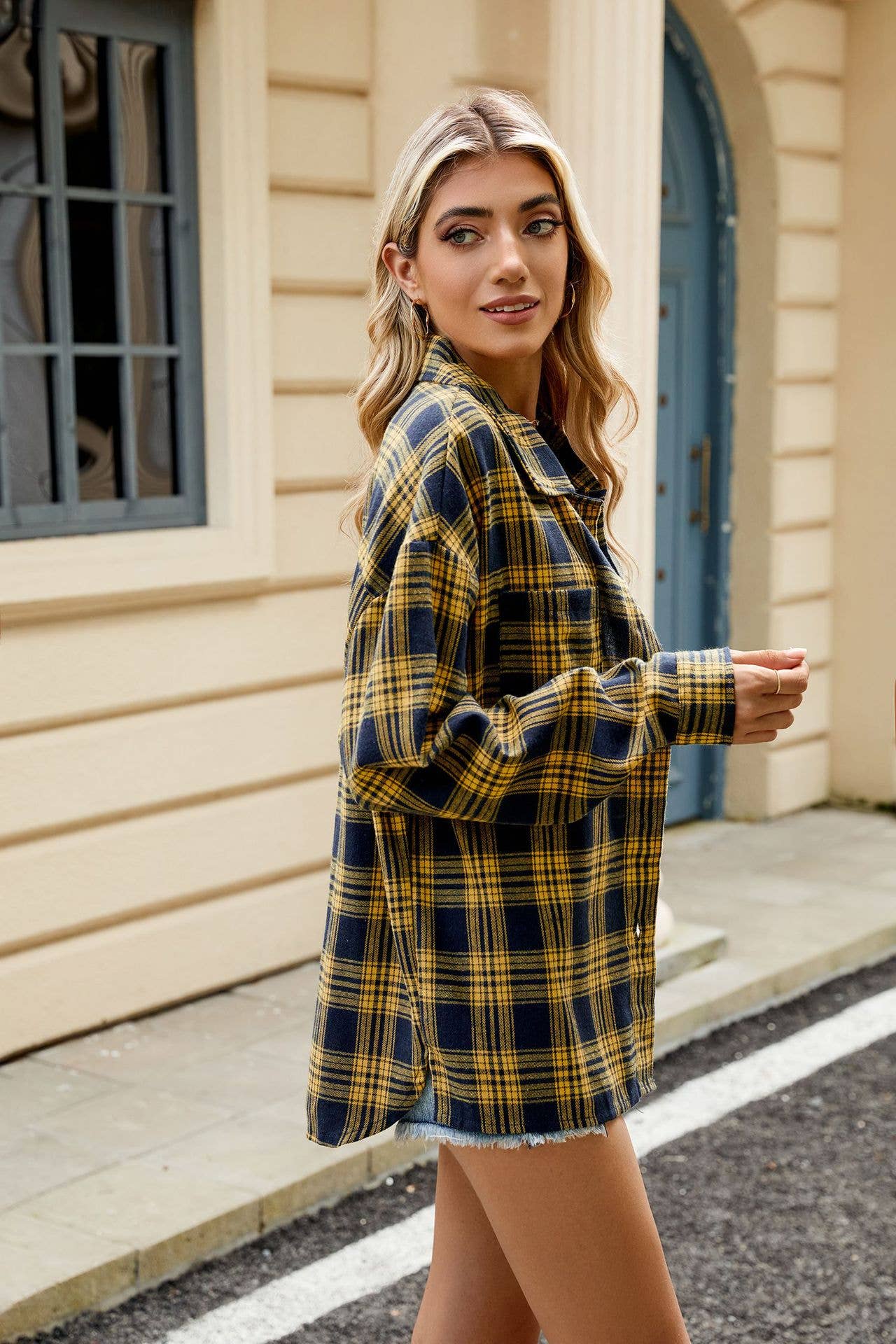 Lapel brushed striped long-sleeved plaid shirt