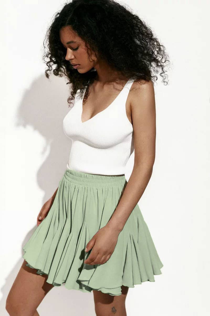 CWBSS0445_PATCHWORK RUFFLE PLEATED MINI SKIRT