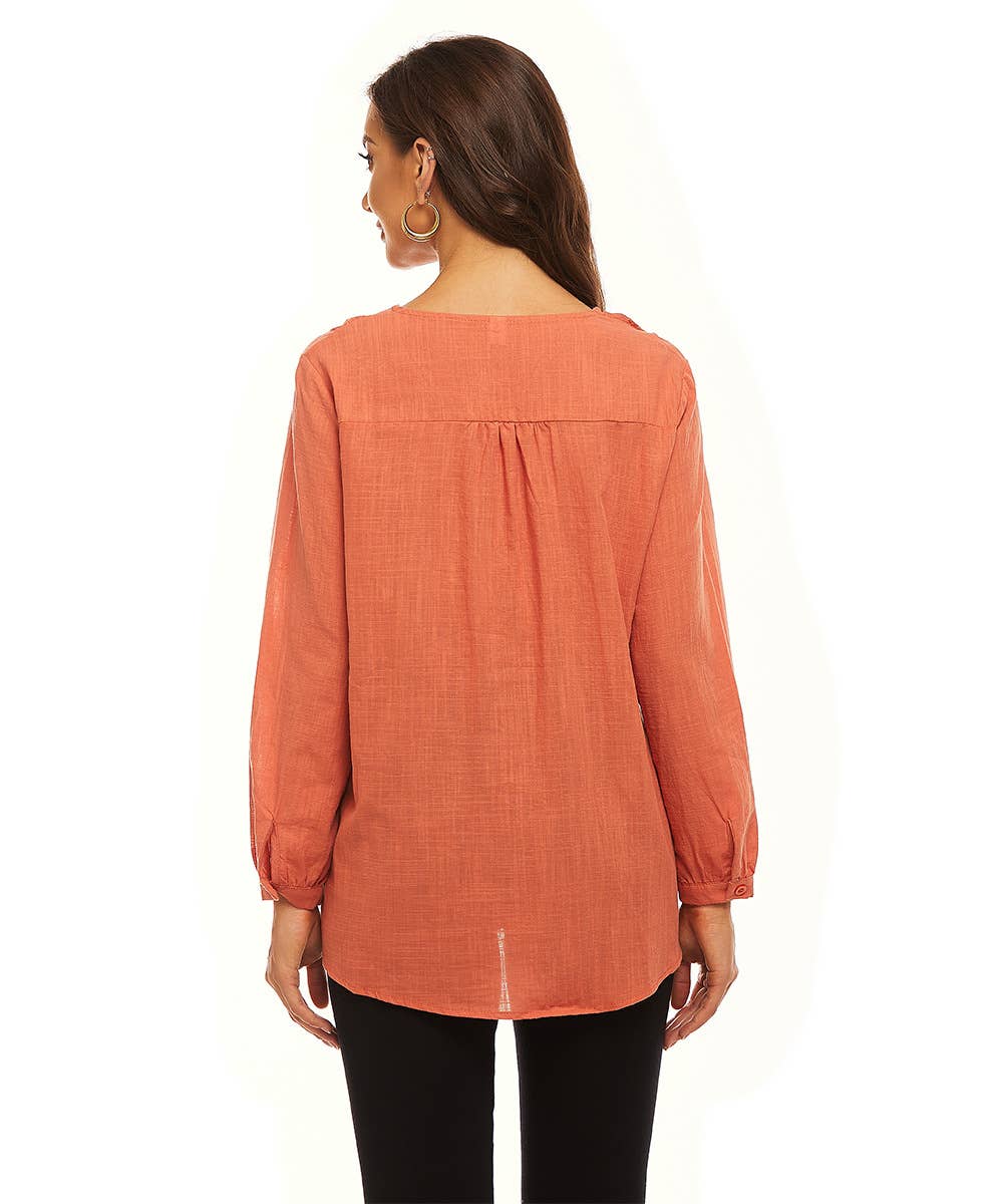 SOLID COLOR V-NECK COTTON LINEN LOOSE CASUAL TOP