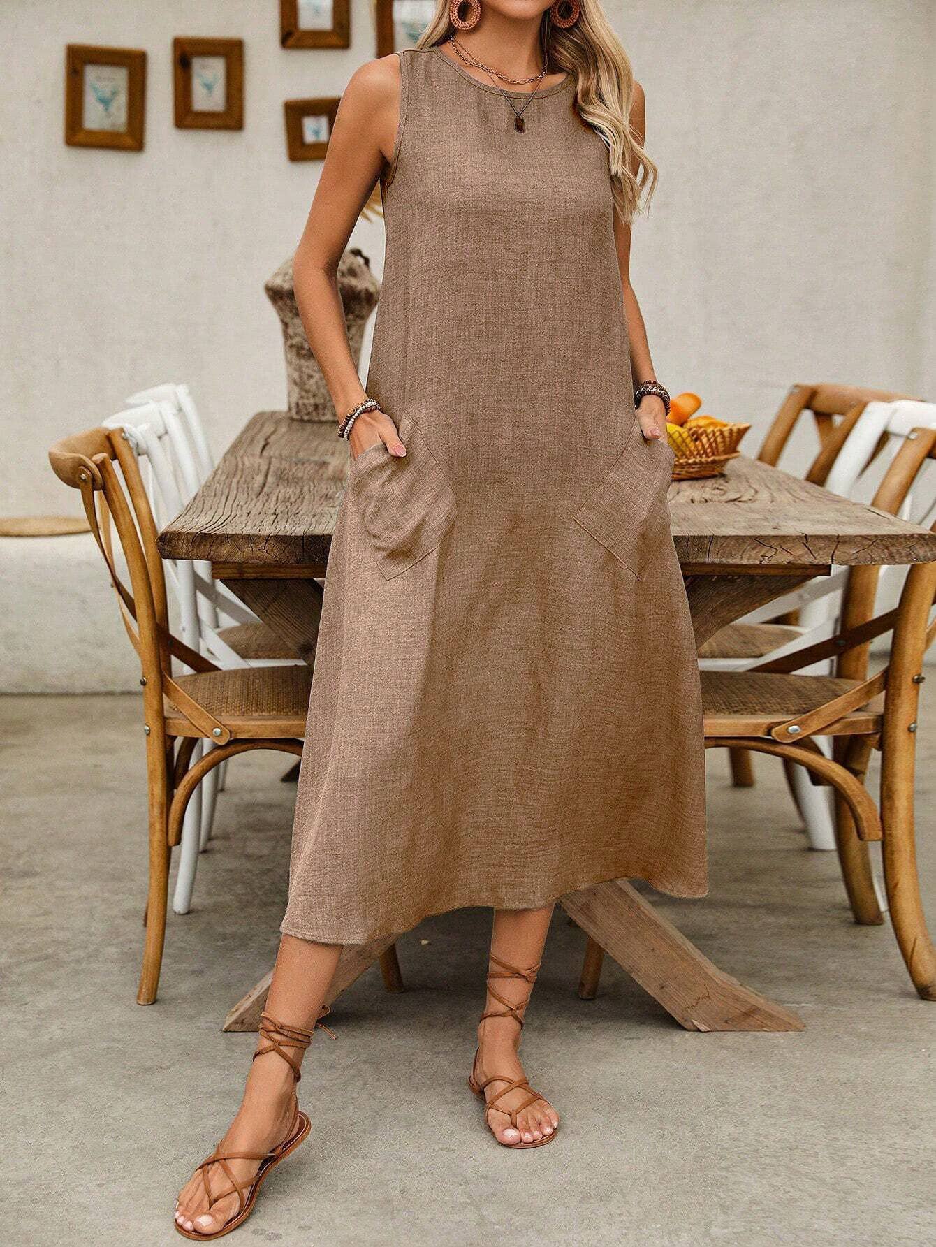 Pullover round neck pocket casual loose dress