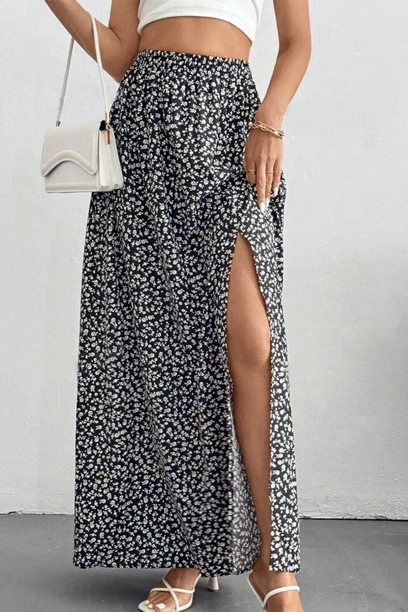 Floral printed high slit long skirt