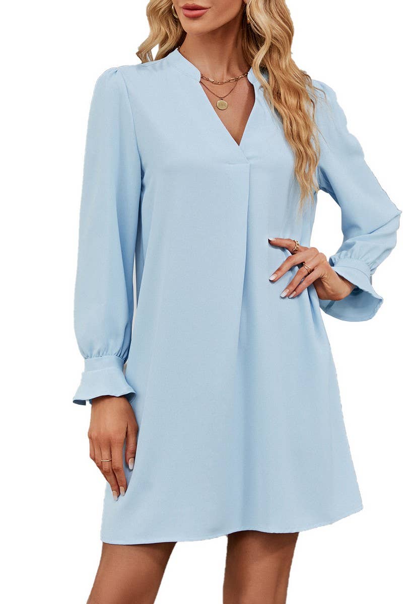 CWDSD6379_SOLID COLOR V-NECK RUFFLED LONG-SLEEVED DRESS