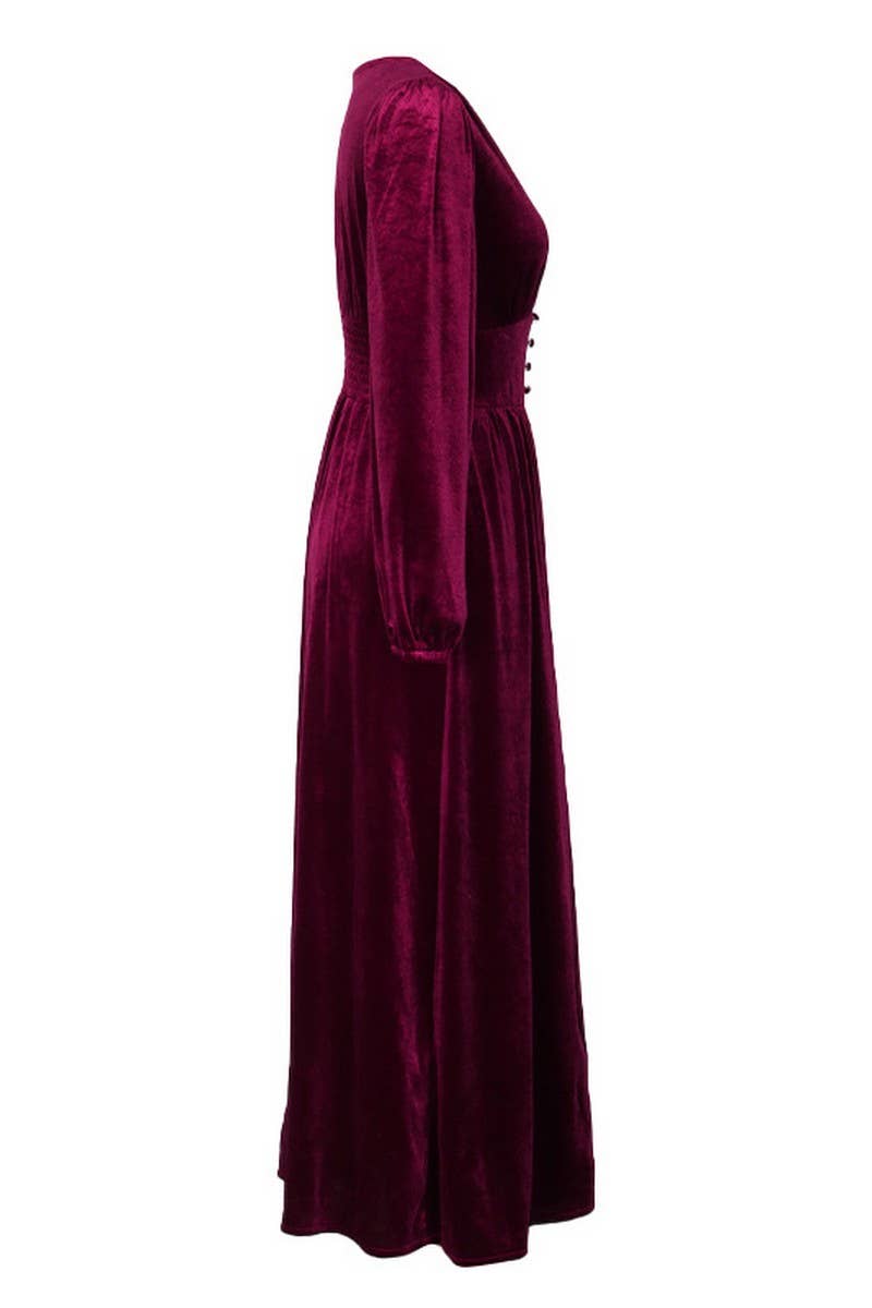 CWDMD3737_V-NECK SOLID COLOR GOLD VELVET LONG-SLEEVED DRESS