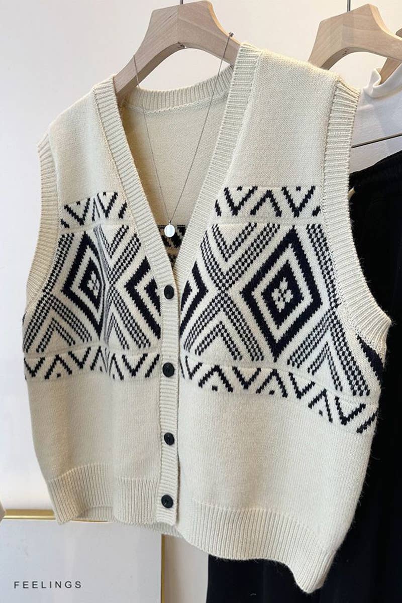 V-NECK COLOR MATCHING EMBROIDERY CARDIGAN VEST