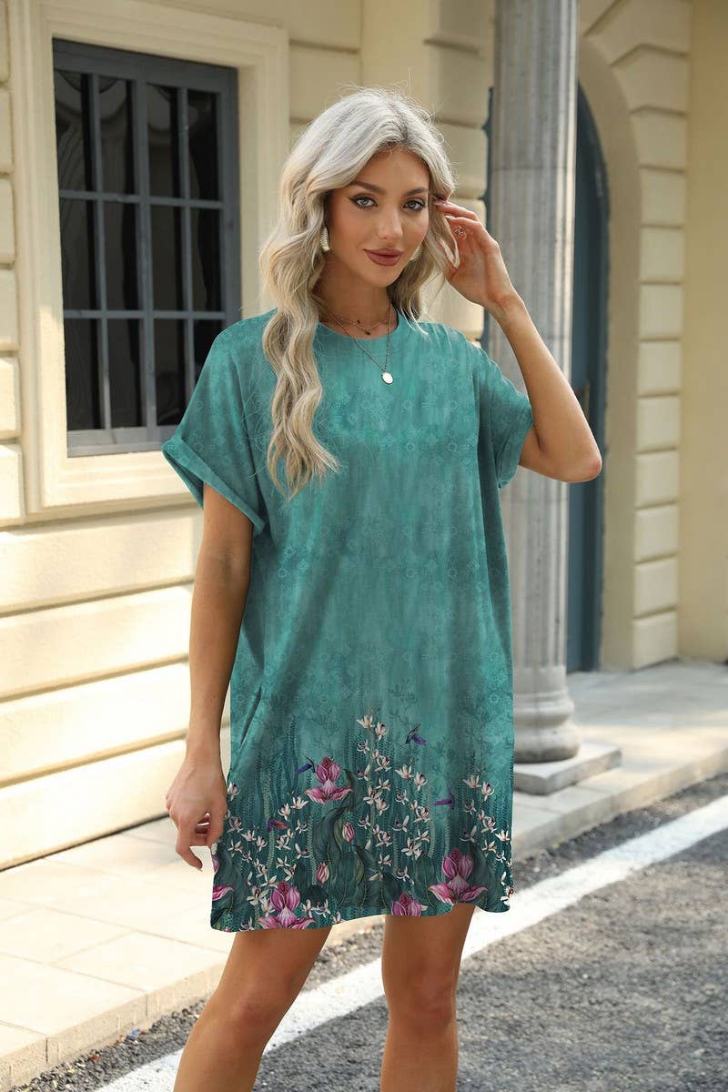 CWDSD7291_PRINTED CREW NECK SHORT SLEEVE POCKET DRESS