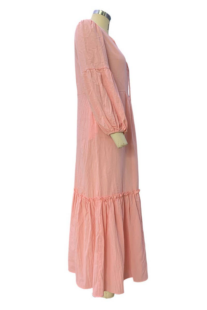 CWDMD2105_V-NECK BOHEMIAN COTTON AND LINEN LONG DRESS