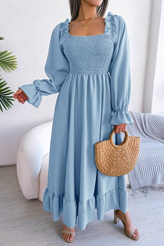 CWDMD2663_RUFFLED DRESS WITH SQUARE COLLAR FLARED SLEEVES