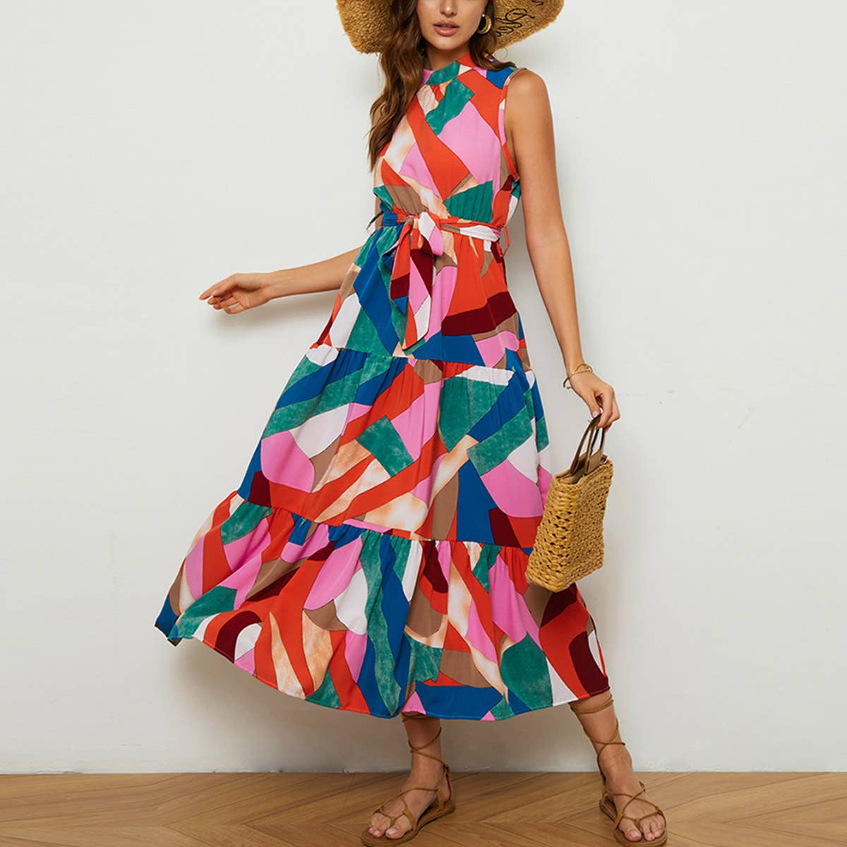 STAND COLLAR PRINT BOHO HOLIDAY SLEEVELESS DRESS