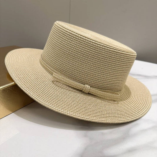 Solid color simple bow flat top straw hat_CWAH3598
