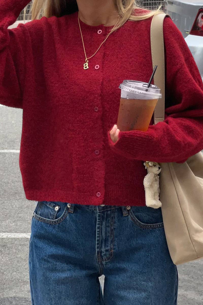 CWOCAL00745_SOLID CREW NECK LONG SLEEVE KNIT CARDIGAN