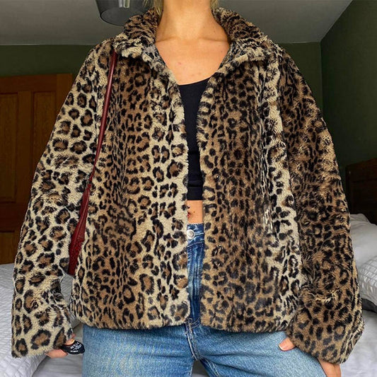 LEOPARD PRINT FUR LAPEL BAGGY VINTAGE ZIP HOODIE