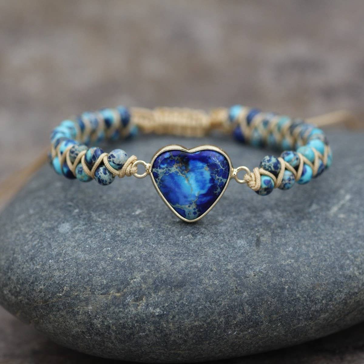 HEART SHAPED CHARM NATURAL STONE WOVEN BRACELET