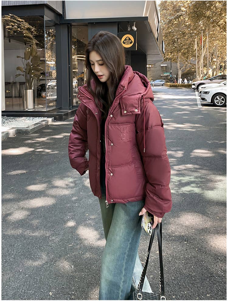 Hooded and textured short cotton-padded jacket