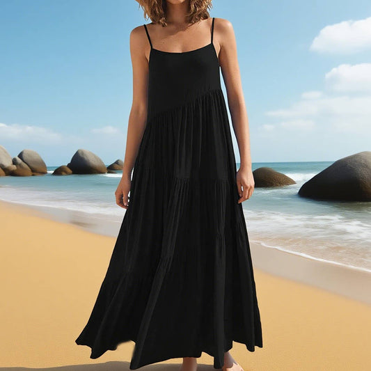 Pleated loose solid-color long beach halter dress