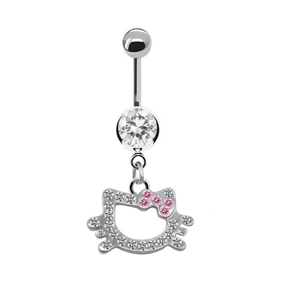 Cute Cat CZ Belly Button Ring with Color Gems