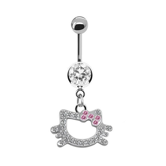 Cute Cat CZ Belly Button Ring with Color Gems