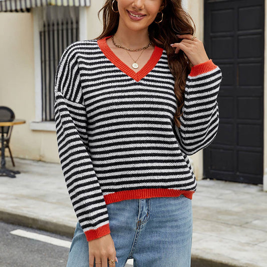STYLISH CONTRASTING V-NECK KNITWEAR