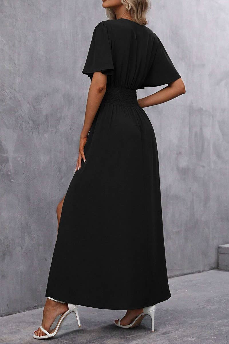 CWDMD4647_SOLID COLOR FLYING SLEEVES HIGH SLIT DRESS