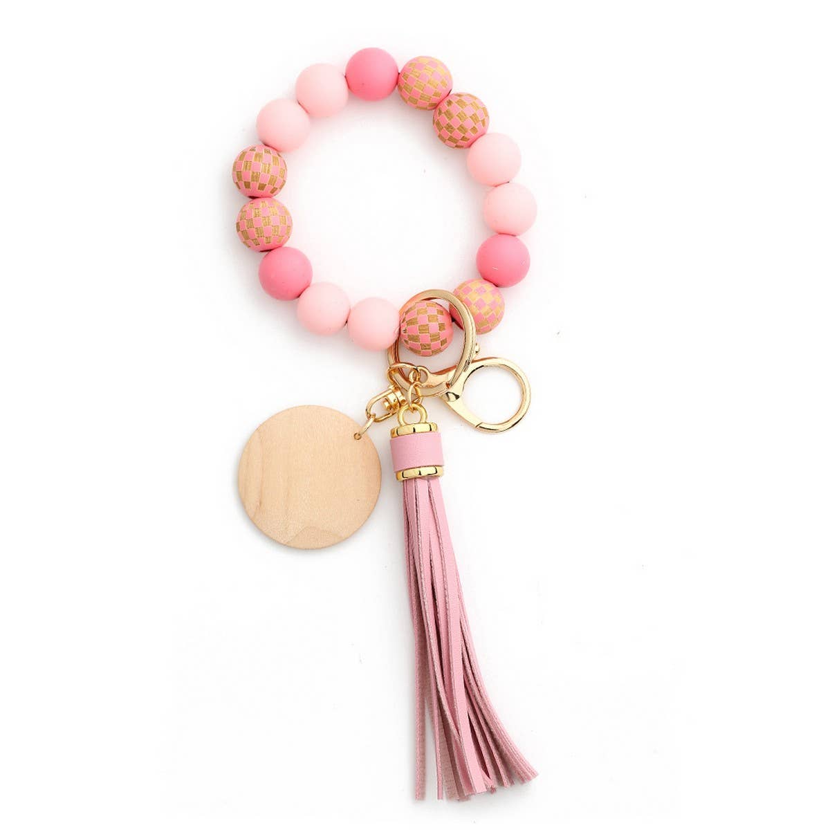 Checkerboard Wood Bead Bracelet Silicone Keychain_CWMM6877