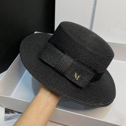 Simple bow flat top letter straw hat for women_CWAH3466