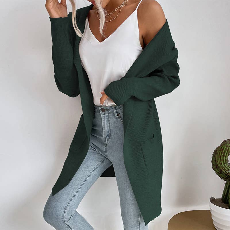 Solid color pit strip hooded unbuttoned cardigan