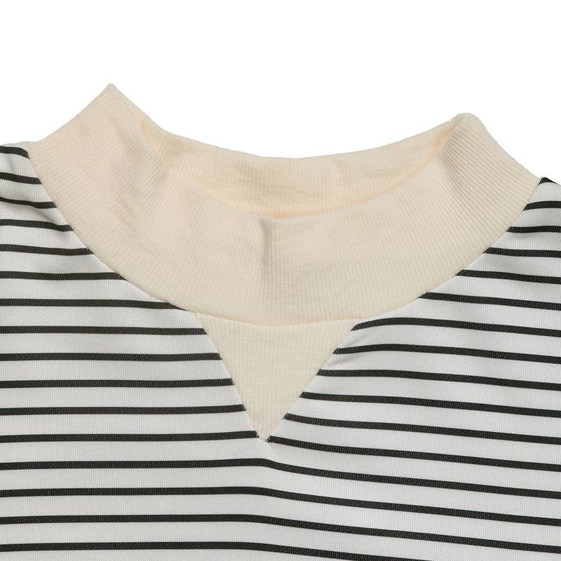 Round-neck striped patchwork fake two-piece top