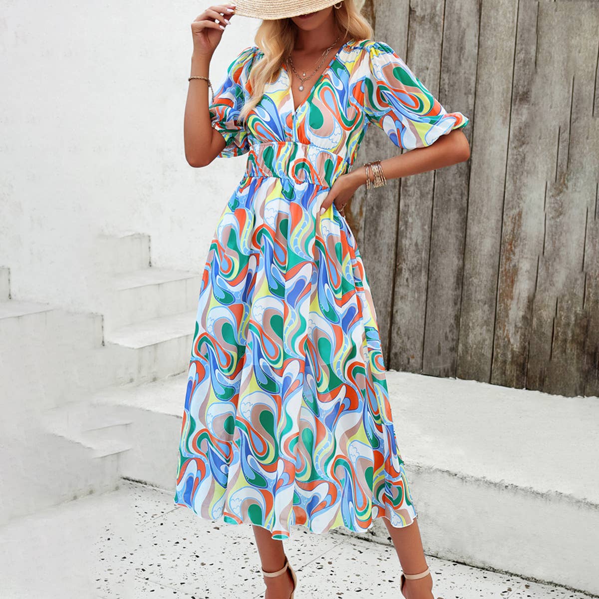 Waist collection printed V-neck dress_CWDMD1502