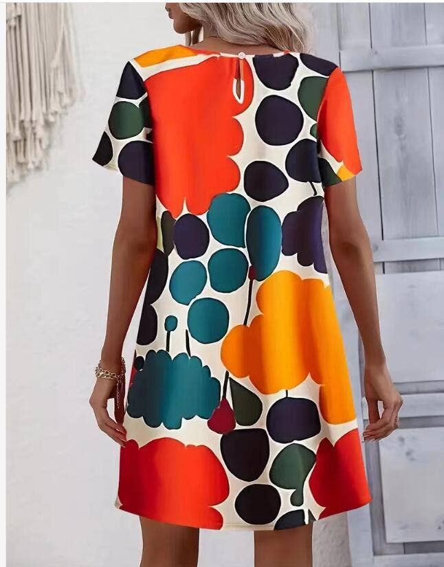 Holiday print crew neck short-sleeved dress