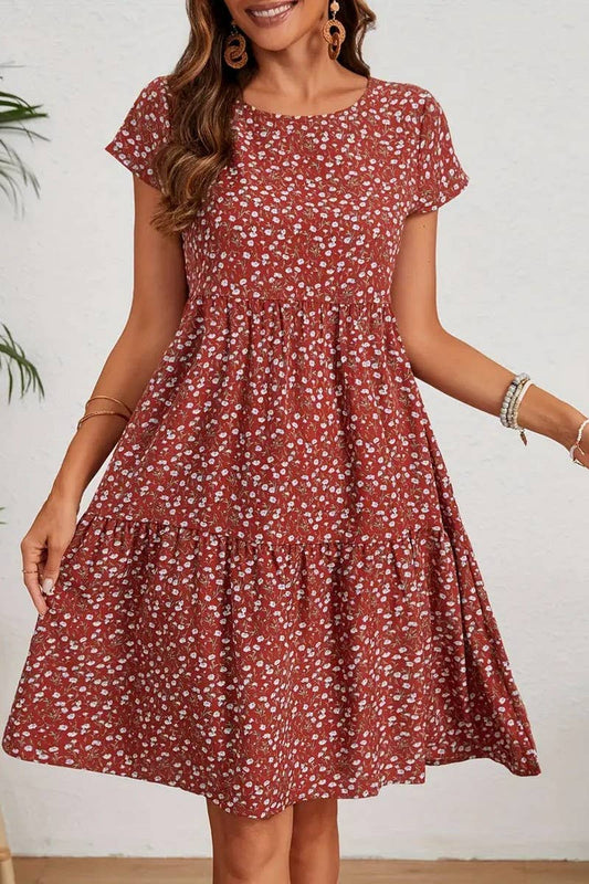CWDMD5595_SPRING AND SUMMER PRINTED ROUND NECK DRESS