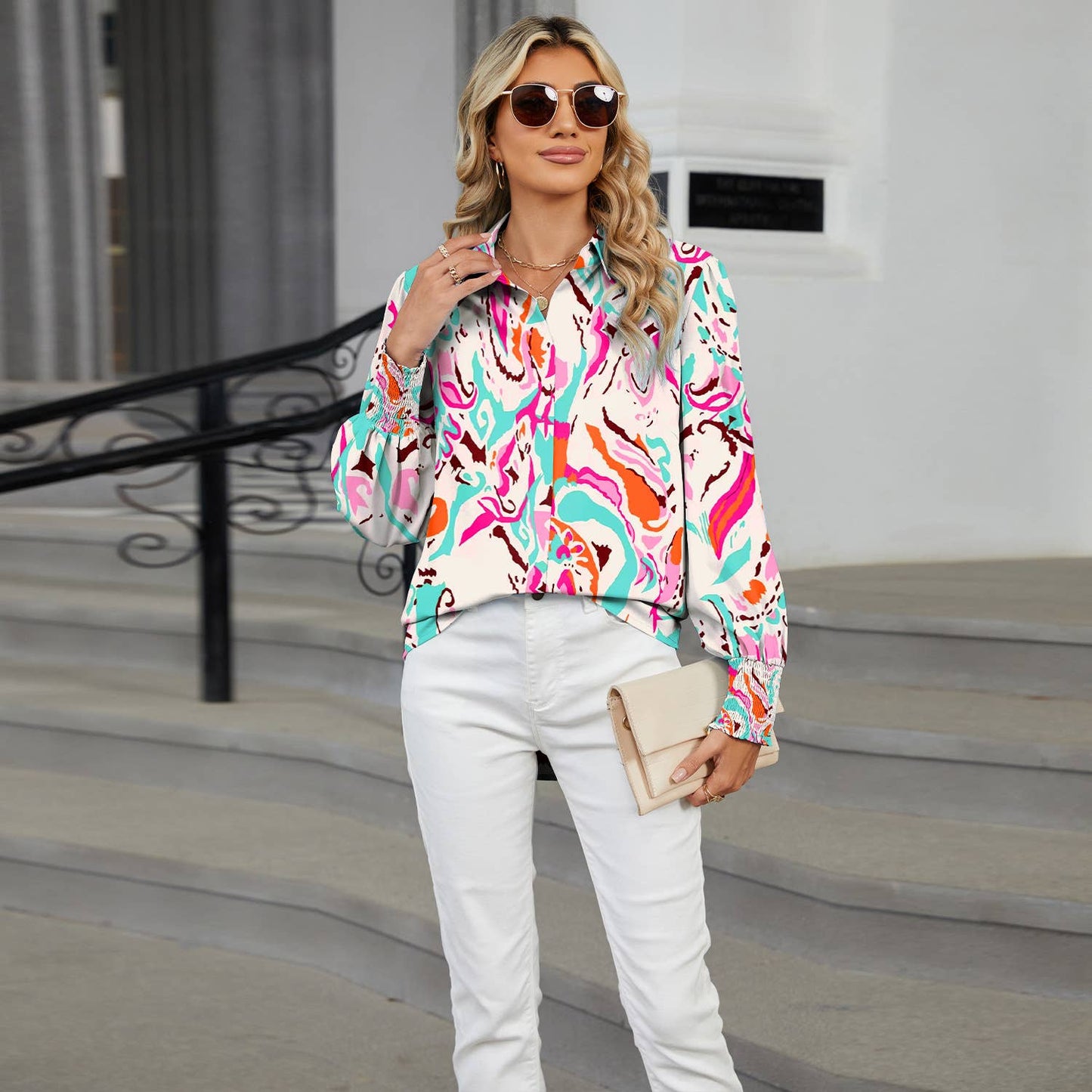 LAPEL FLORAL PRINT CASUAL LONG-SLEEVED SHIRT