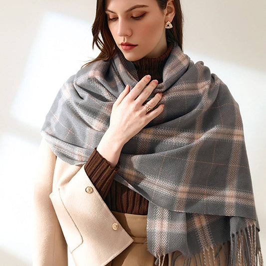 Plaid Faux Cashmere Scarf - Tassel Winter Shawl_CWASC0218
