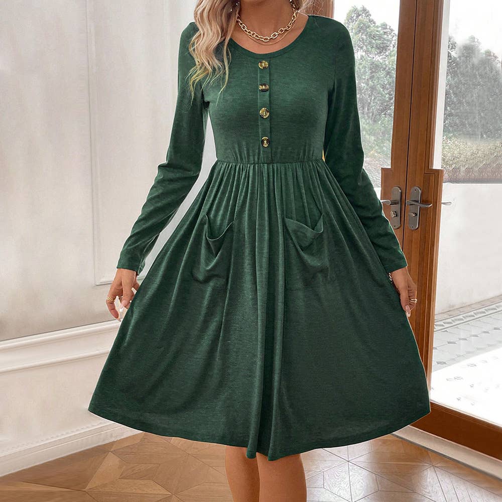 ROUND NECK A-LINE SKIRT BUTTON POCKET KNIT DRESS