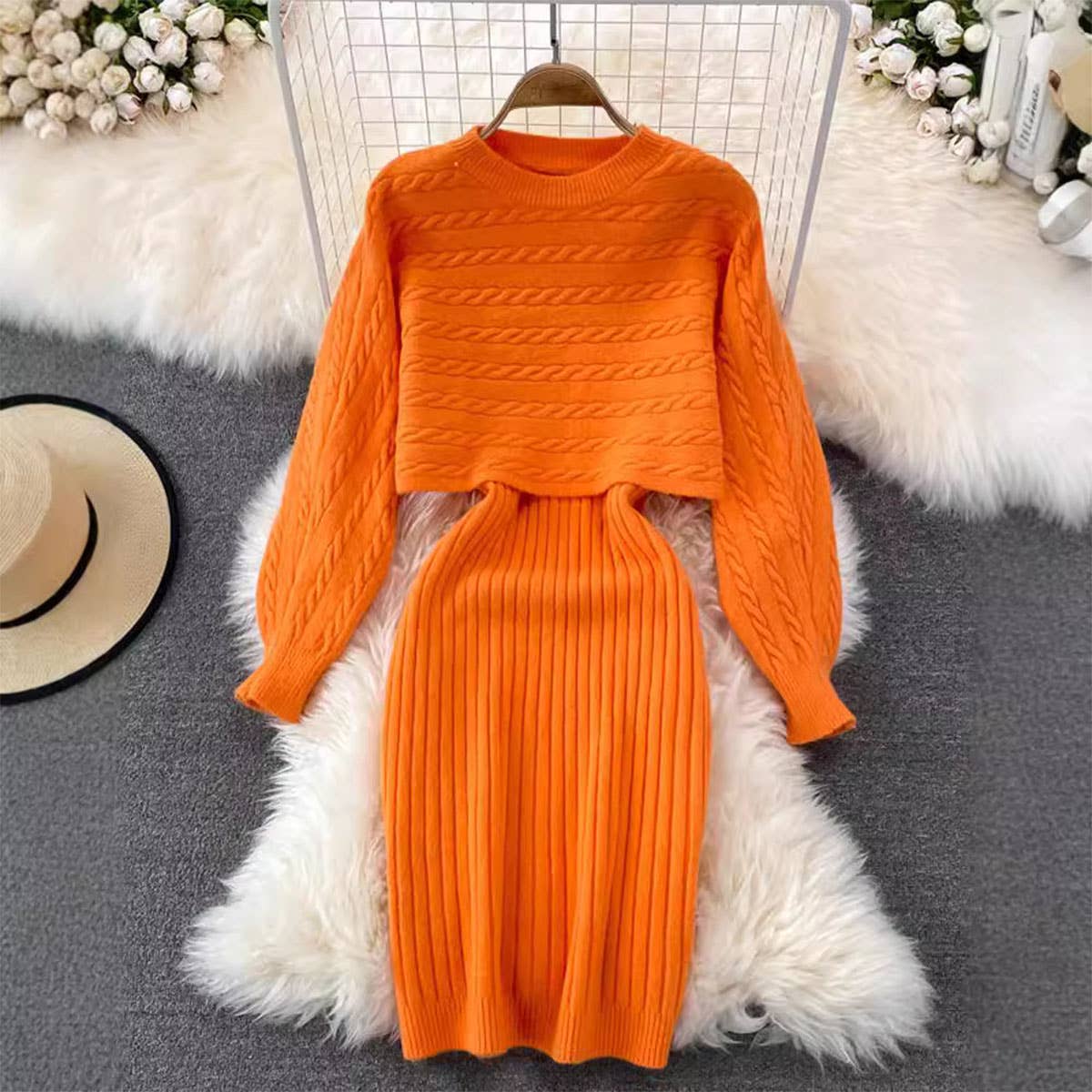 Fleece Knitted Top With Halter Wool Skirt Set