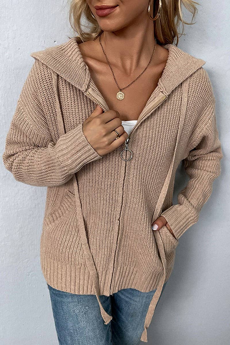CWOHOL0582_SOLID COLOR HOODED ZIPPER KNIT CARDIGAN SWEATER