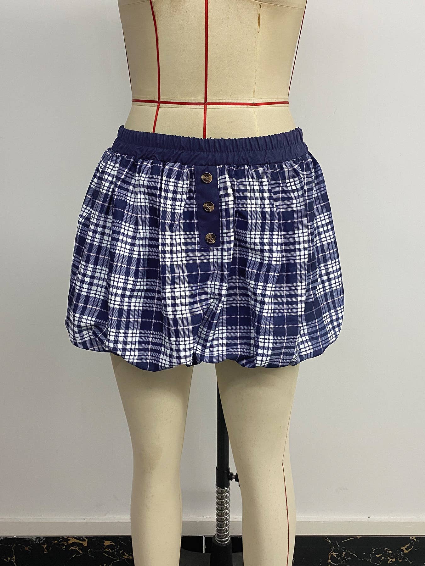 Retro checkered short flower bud skirt