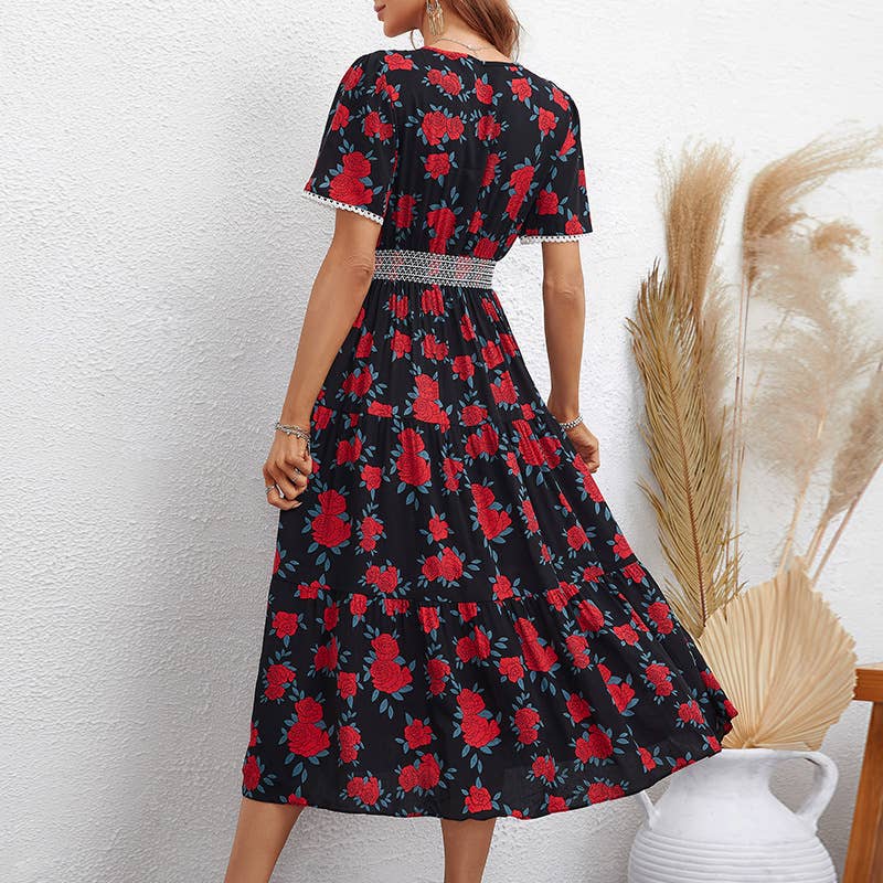 FASHION PRINT SHORT SLEEVE SLIM-FIT LONG DRESS