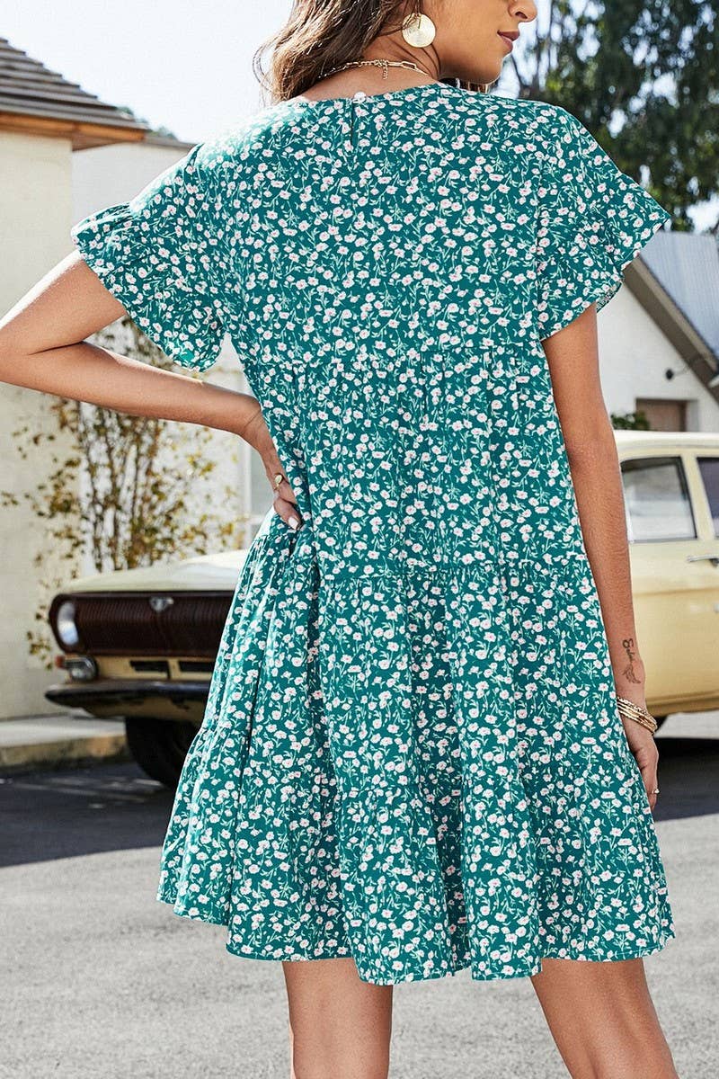 CWDSD2702_Round neck Print Short Sleeve Dress