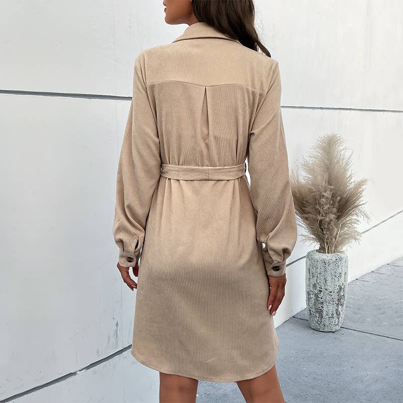 Solid color lace-up waistline casual shirt dress