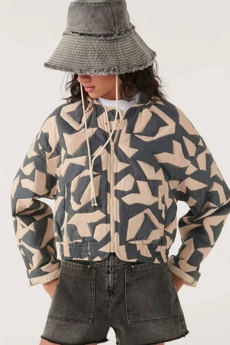 CWOCO1080_LOOSE PRINTED QUILTED ZIP-UP JACKET